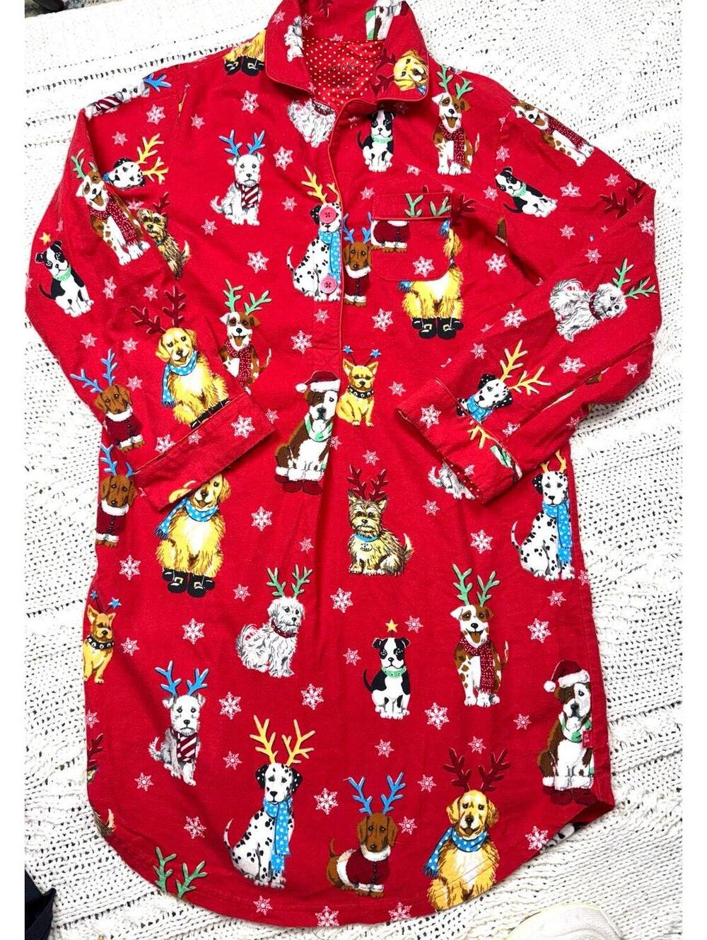 Nick & Nora Women M Red Flannel Dogs Snowflake Christmas Sleep Shirt Pocket
